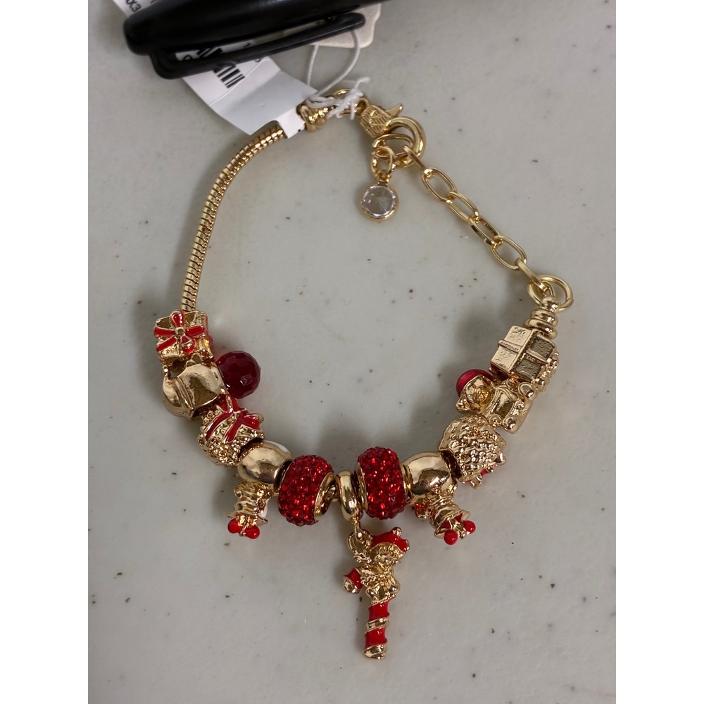 Natasha Gold Tone Christmas Charm Bracelet Red Rhinestone Snowman Candy Cane NEW
